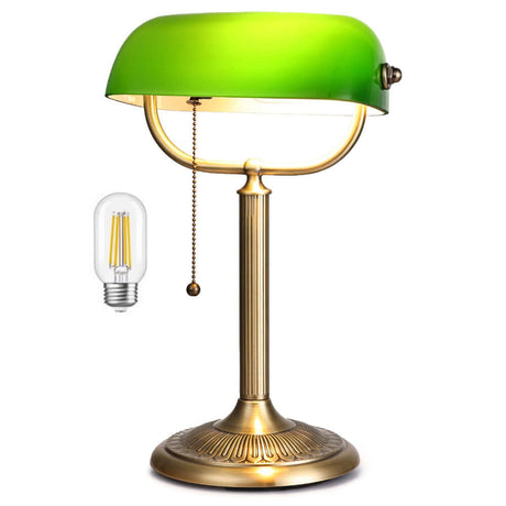classic green glass bankers desk lamp with brass base and pull chain switch for quick shade changes