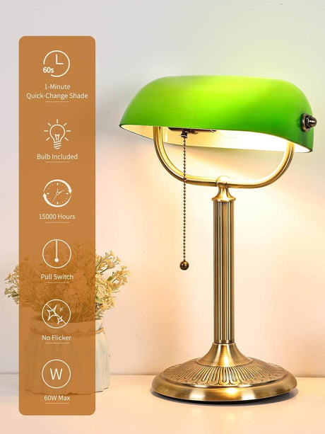 Classic green glass bankers desk lamp with brass base and pull switch for easy operation.