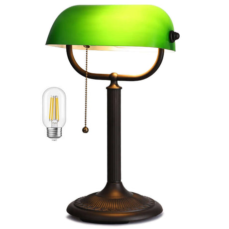 Antique green glass bankers desk lamp with a classic bronze base and vibrant green shade, ideal for workspace lighting.