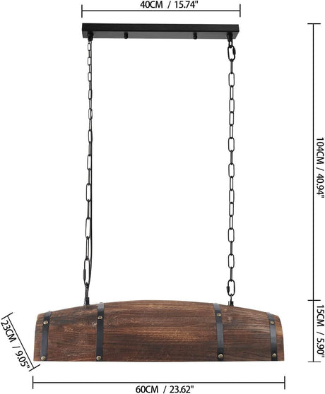 Newrays Antique Wood Wine Barrel pendant Lights for Kitchen Bar hanging light fixture dimensions and design.