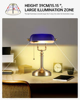 Newrays Blue Glass Bankers Desk Lamp showcasing large illumination zone and elegant design.
