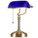 Newrays Blue Glass Bankers Desk Lamp with brass base and blue shade, ideal for artistic interiors.