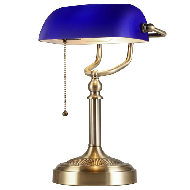 Newrays Blue Glass Bankers Desk Lamp with brass base and blue shade, ideal for artistic interiors.