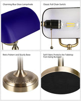 Newrays Blue Glass Bankers Desk Lamp features charming lampshade, sturdy base, classic switch, and protective tabletop design.