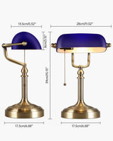 Newrays Blue Glass Bankers Desk Lamp with brass base and elegant blue shade, ideal for home office decor.