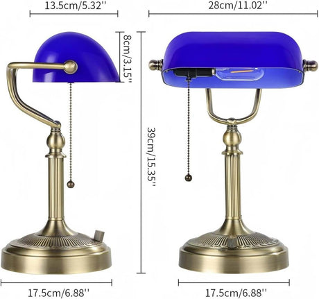 Newrays Blue Glass Desk Lamp, Stepless Dimmable Bankers Desk Lamp with a blue shade and brass base, showing dimensions.