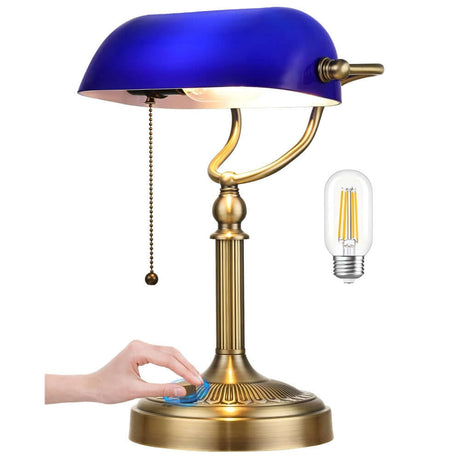 Newrays Blue Glass Desk Lamp, Stepless Dimmable Bankers Desk Lamp with brass finish and touch control.