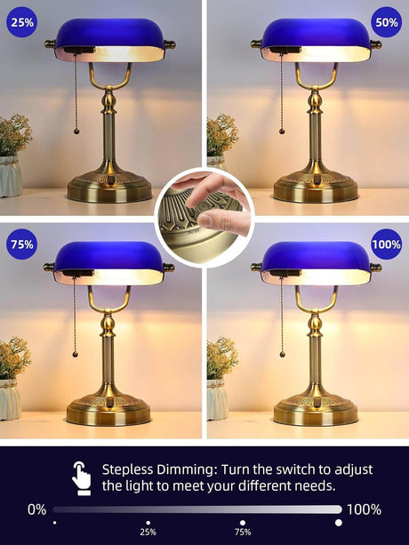Newrays Blue Glass Desk Lamp, Stepless Dimmable Bankers Desk Lamp with adjustable brightness settings.