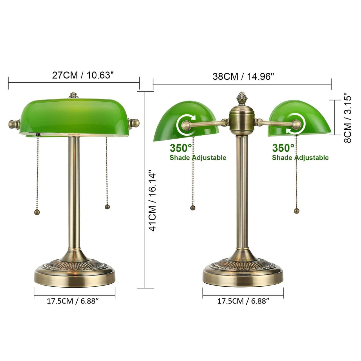 Newrays Green Glass Banker Lamp Double Shade dimensions 14.96"L x 10.63"W x 16.14"H with adjustable shades.