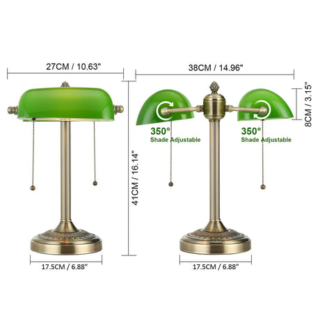 Newrays Green Glass Banker Lamp Double Shade dimensions 14.96"L x 10.63"W x 16.14"H with adjustable shades.