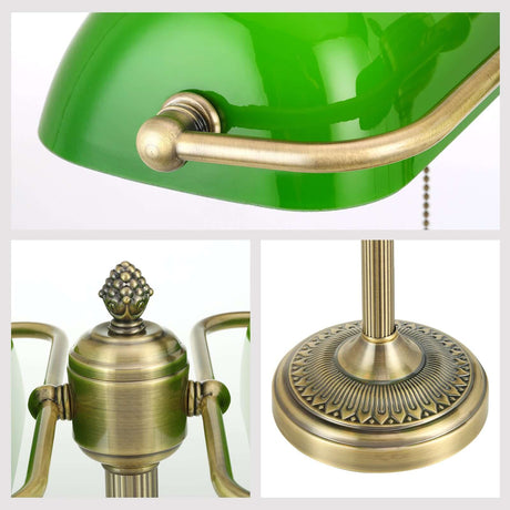 Newrays Green Glass Banker Lamp Double Shade close-up of green shade, decorative base, and elegant details.