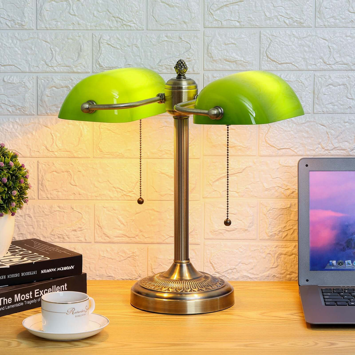 Newrays Green Glass Banker Lamp Double Shade with adjustable points and green glass shades on a wooden desk.