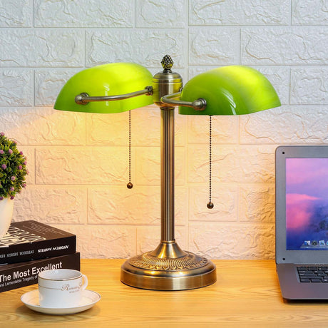 Newrays Green Glass Banker Lamp Double Shade with adjustable points and green glass shades on a wooden desk.