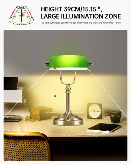 Newrays Green Glass Bankers Desk Lamp, Stepless Dimmable displayed on a desk with large illumination zone.