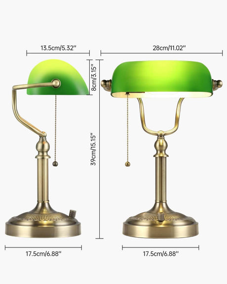 Newrays Green Glass Bankers Desk Lamp, Stepless Dimmable with vintage brass finish and dimensions displayed.