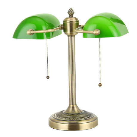 Newrays Green Glass Banker Lamp Double Shade with two green shades and a brass base.