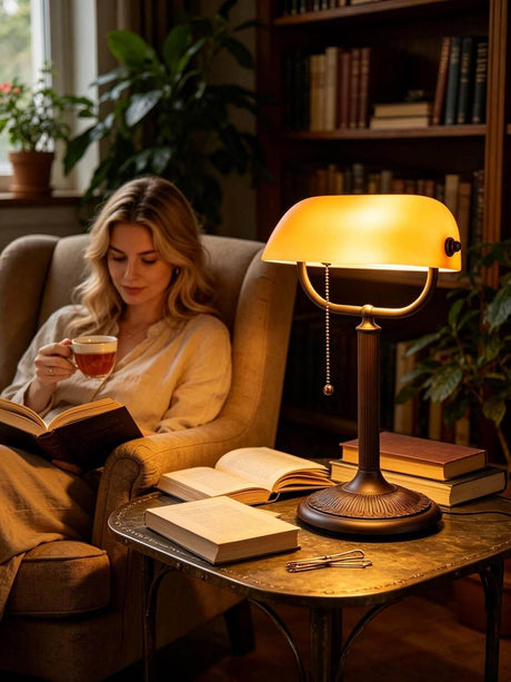 Cozy scene featuring Newrays quick-change shade bankers desk lamp beside a reader enjoying a book and tea.
