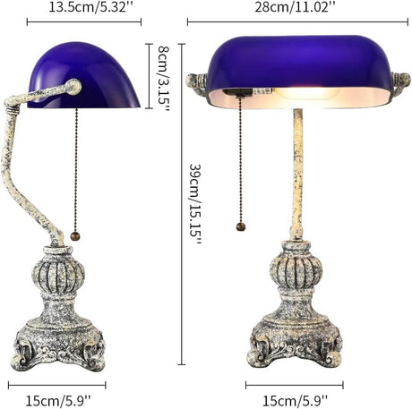 Retro blue glass desk lamp showcasing vintage design with a blue lampshade and ornate resin base.
