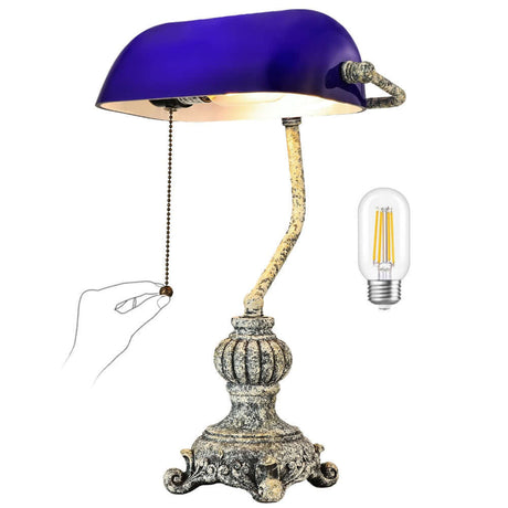 Retro blue glass desk lamp with a sturdy resin base and pull chain switch.