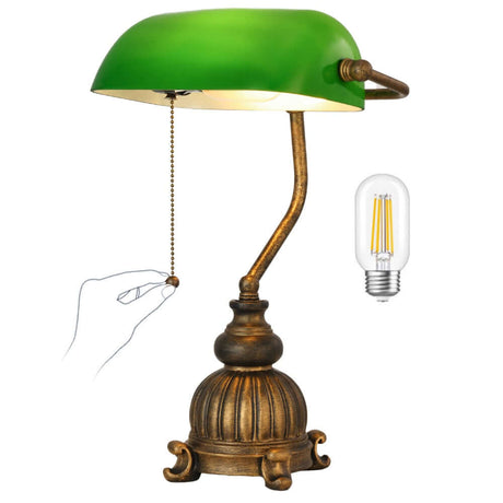 Retro green glass desk lamp with a vintage resin base and LED bulb, perfect for home or office decor.