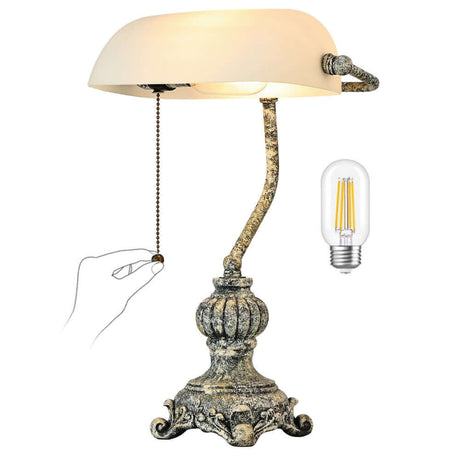 Retro glass bankers desk lamp with a vintage design and pull chain, enhancing any workspace.