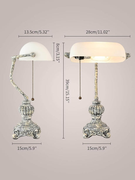 Newrays retro glass bankers desk lamp with ornate base and adjustable arm dimensions 39cm and 28cm.