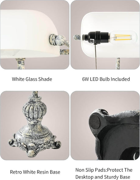 Close-up images of Newrays Retro White Matted Glass Bankers Desk Lamp, highlighting white glass shade, LED bulb, and retro resin base.