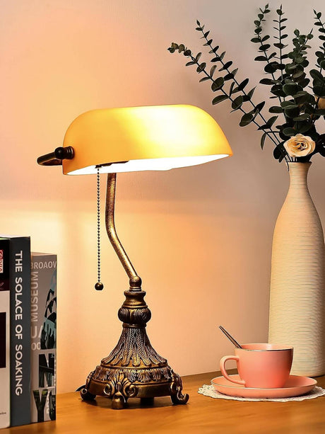 Newrays vintage amber glass desk lamp with LED bulb and decorative vase, perfect for a stylish workspace.