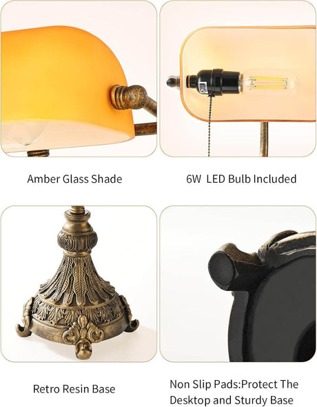 Newrays vintage amber glass desk lamp features an amber glass shade and retro resin base, including 6W LED bulb.