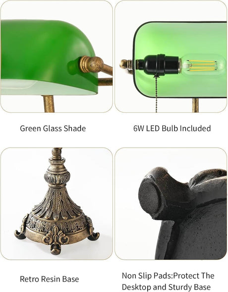 Newrays vintage green glass bankers desk lamp features a green glass shade, 6W LED bulb, retro resin base, and non-slip pads.
