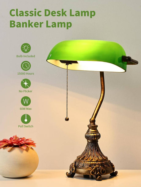 Vintage green glass bankers desk lamp with classic design, pull switch, and LED bulb included.