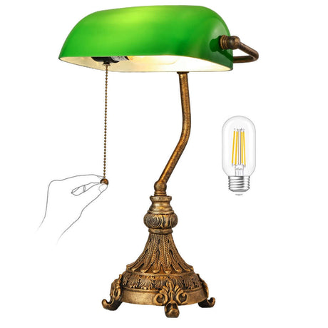 vintage green glass bankers desk lamp with LED bulb included and decorative base