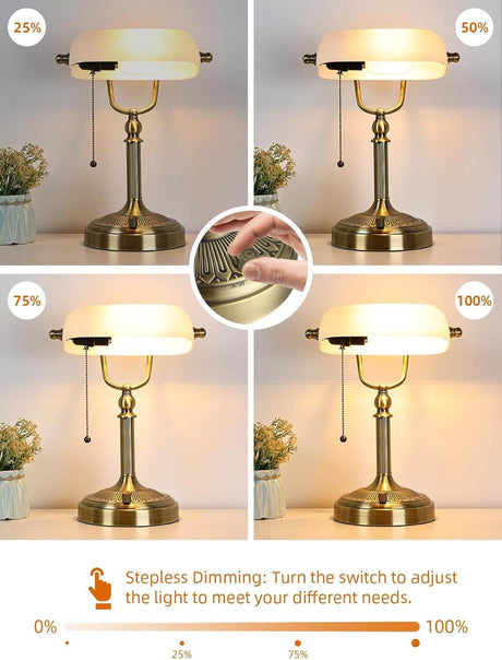 Newrays White Matted Glass Bankers Desk Lamp, Stepless Dimmable showcasing dimming options at various brightness levels.