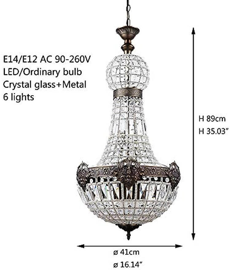 Vintage Royal Empire Style Big Led Crystal Chandelier E14/E12 with detailed dimensions and design features.