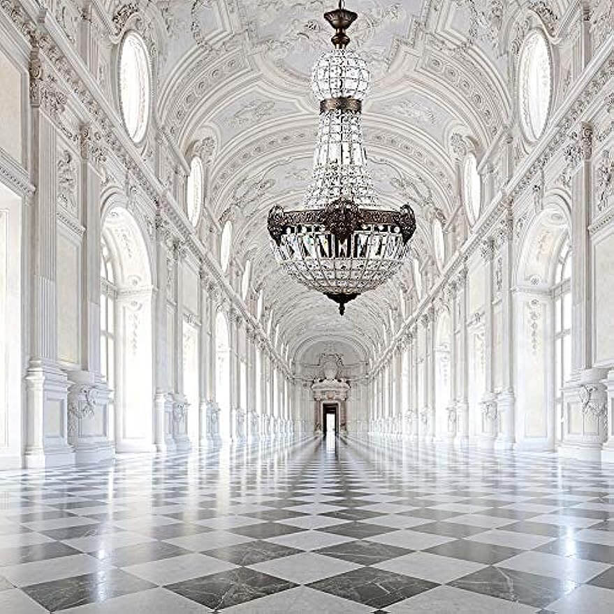 Vintage Royal Empire Style Big Led Crystal Chandelier E14/E12 hanging in an elegant, grand hallway with marble flooring.