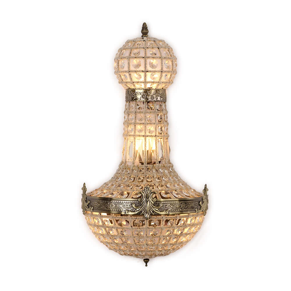 Vintage royal empire crystal wall sconces with intricate metalwork and elegant crystal design.