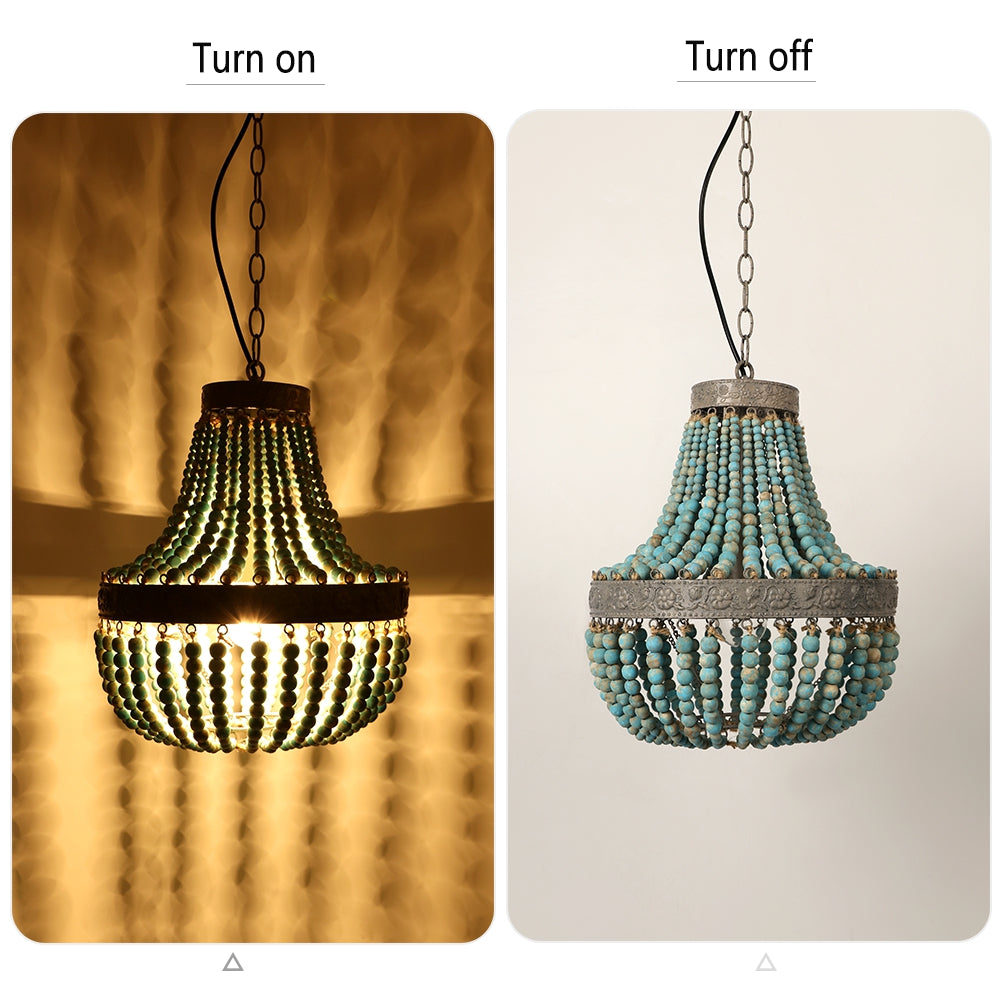 Wood Bead Chandelier Pendant antique Blue Finishing,Plug in
