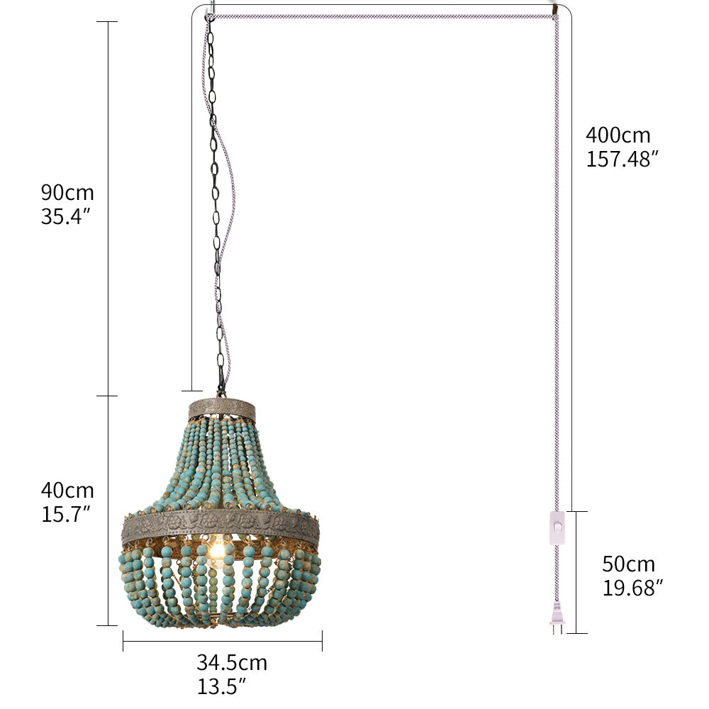 Wood Bead Chandelier Pendant antique Blue Finishing,Plug in