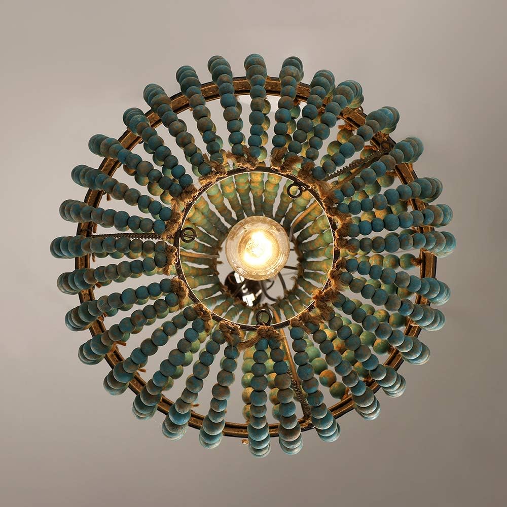 Wood Bead Chandelier Pendant antique Blue Finishing,Plug in