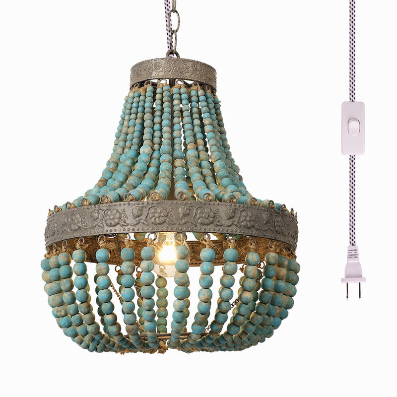 Wood Bead Chandelier Pendant antique Blue Finishing,Plug in