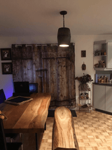 Wood Wine Barrel Pendant Lamp Unique Kitchen Bar Light H30 illuminating a rustic dining area with wooden decor.