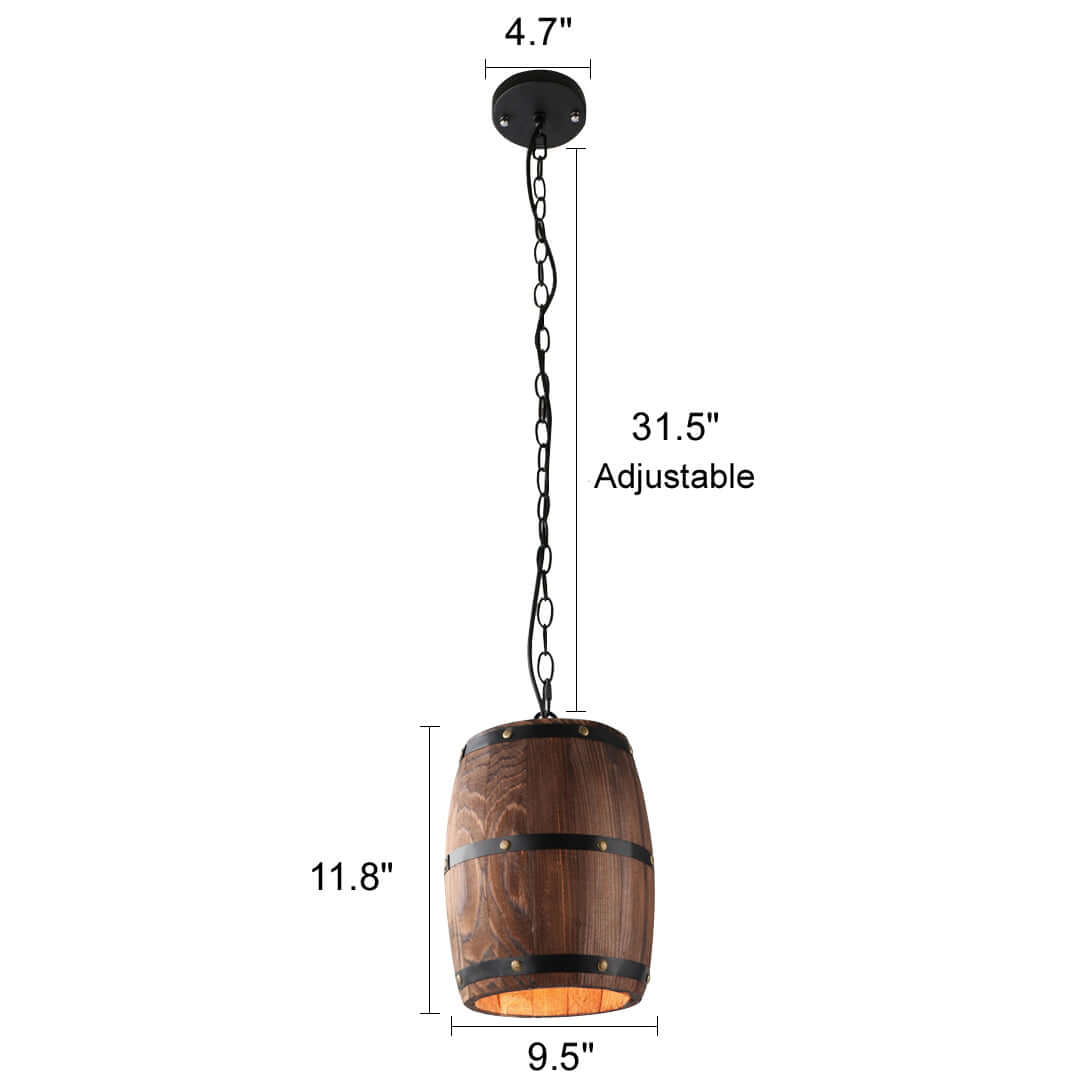 Wood Wine Barrel Pendant Lamp Unique Kitchen Bar Light H30 with adjustable chain and rustic wood design.
