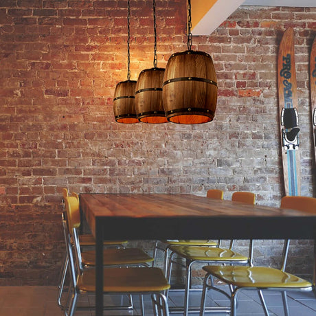 Wood Wine Barrel Pendant Lamp Unique Kitchen Bar Light H30 in a rustic dining area with brick walls.