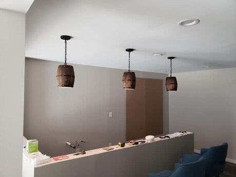 Wood Wine Barrel Pendant Lamp Unique Kitchen Bar Light H30 illuminating a modern kitchen bar with stylish design.