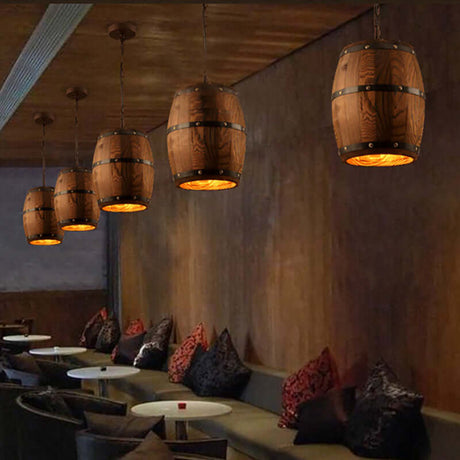 Wood Wine Barrel Pendant Lamp Unique Kitchen Bar Light H30 hanging in a stylish interior with plush seating.