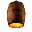 Wood Wine Barrel Pendant Lamp Unique Kitchen Bar Light H30 hanging from ceiling with warm light glowing inside.