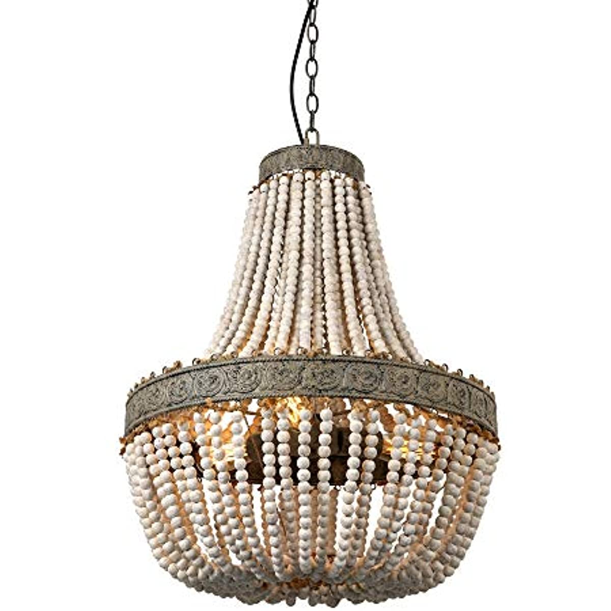 Wood Bead Chandelier Pendant Three Lights Gray White Finishing