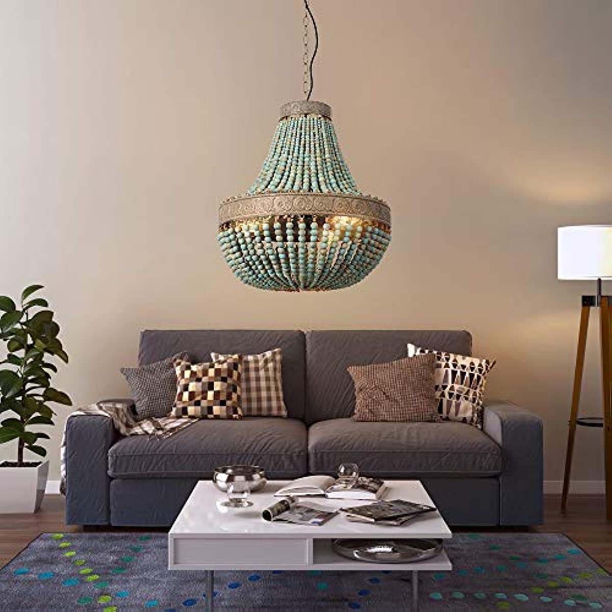 Newrays Blue Wood Bead Chandelier Pendant Lights