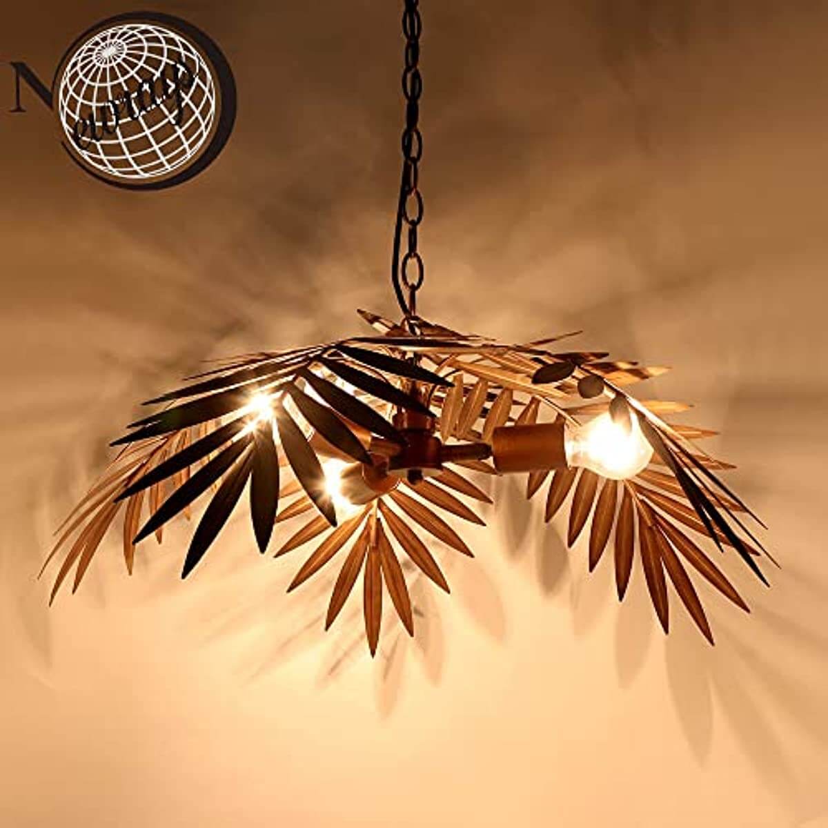 Tropical Coconut Leaves Chandelier, Tree Lights illuminating a cozy space with bronze coconut tree design.