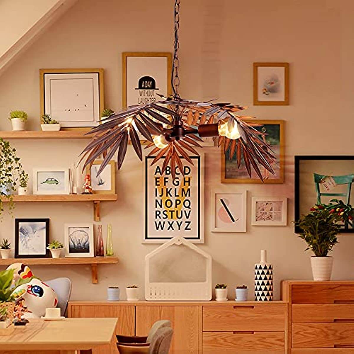 Tropical Coconut Leaves Chandelier ,Tree Lights providing vintage decor in a cozy living space with art and plants.